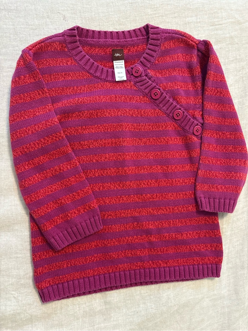 Tea Collection Knit Magenta Purple Stripe Button Crewneck Sweater Girls 10
